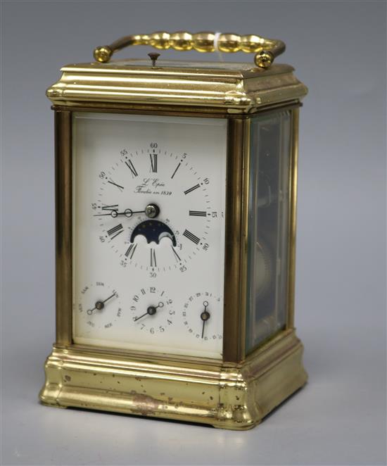 A 20th century French gilt brass repeating carriage clock by LEpee with moonphase dial and subsidiary calendar, month and day dials he